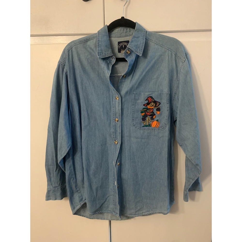 Vintage Solutions Original Denim Shirt Halloween‎ Witch Embroidered Small